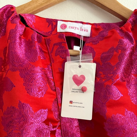 CARYN LAWN Asher Floral Jacquard Puff Sleeve Mini Dress Metallic Red Pink OS - Picture 12 of 15